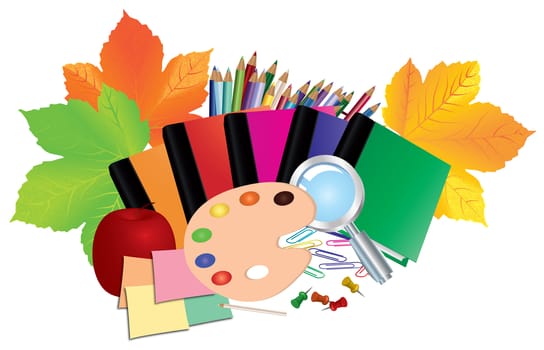 Image of school supplies, equipment, accessories, items, tools. Cartoon illustration isolated on white background.