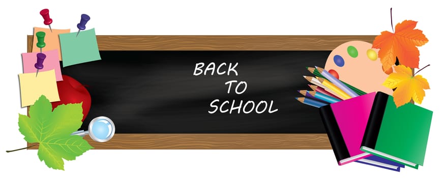 Back to school. Black desk with school supplies and autumn leaves.