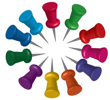 Set of push pins in different colors. Thumbtacks. Illustration  isolated on white background