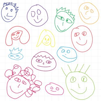 set of hand drawn faces  on white background. Kid drawing illustration