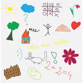 children drawing multicolored symbols set
