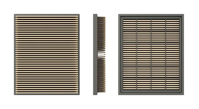Front, side and back view of a car air filter, isolated on white background