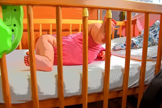 Baby, infant feet sticking out through the rails of a crib, cot, beautiful background for card,  banner, wallpaper design 