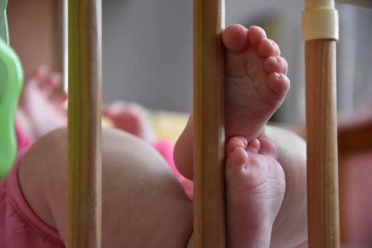 Baby, infant feet sticking out through the rails of a crib, cot, beautiful background for card,  banner, wallpaper design 