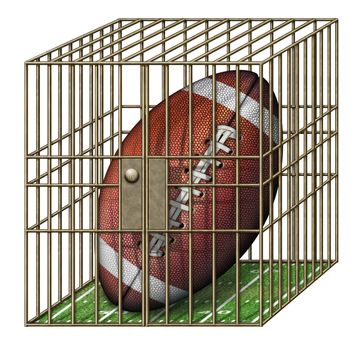 Digital illustration of a football in a jail cell.