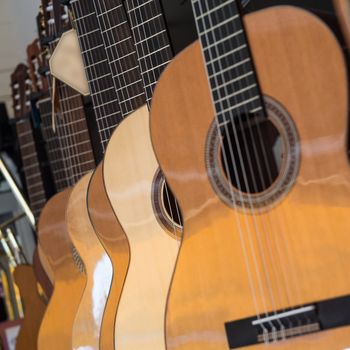 Many Classical Guitars Hanging on Wall in the Shop, France