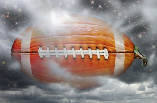 Photo-Illustration of a pumpkin football in the night sky..          