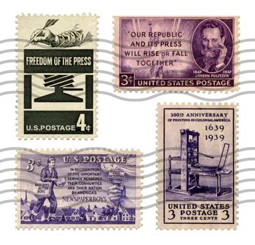 U.S. Postage Stamps commemorating the Freedom of the Press, free enterprise, newspaper boys, the printing press in America, Stephen Daye, and Joseph Pulitzer. Stamps were issued between 1939 and 1958 (from my personal stamp collection).
