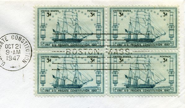 U.S. Postage Stamps commemorating the U.S. Frigate Constitution. Stamps are pre-1978 and are cancelled (from my personal stamp collection.)