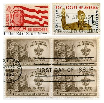 U.S. Postage Stamps commemorating the Girl Scouts and the BoyScouts. Stamps are pre-1978 and are cancelled (from my personal stamp collection.)