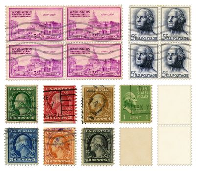 U.S. Postage Stamps commemorating the National Capital — Washington — and also President George Washington. Image also includes some blank stamps, ready for your design to be added. Includes a clipping path. Stamps are pre-1978 and from my personal stamp collection.