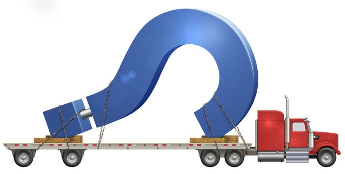 Illustration of a flatbed truck carrying a question mark.   