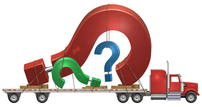 Illustration of a flatbed truck carrying question marks.   