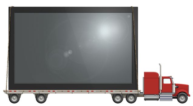Illustration of a flatbed truck carrying a flat screen television.   