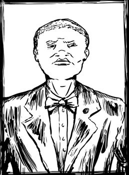 Outlined sketch of young African American Nation of Islam male in suit and tie