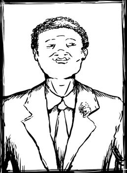 Outline illustration portrait of smiling young African American man in business suit and necktie