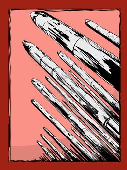 Hand drawn arsenal of nuclear missiles pointing upward