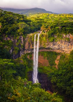 Amazing panorama of waterfall Chamarel seven coloured earths and jungle around it, Mauritius.