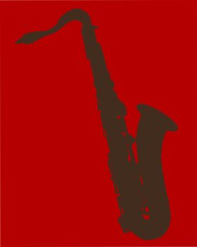 A saxophone silhouette on a red background