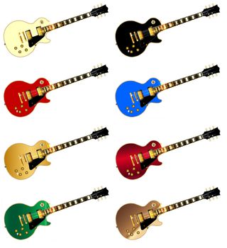 The definitive rock and roll guitars in flat paint colours isolated over a white background.