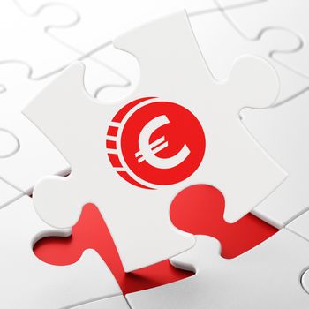 Currency concept: Euro Coin on White puzzle pieces background, 3D rendering