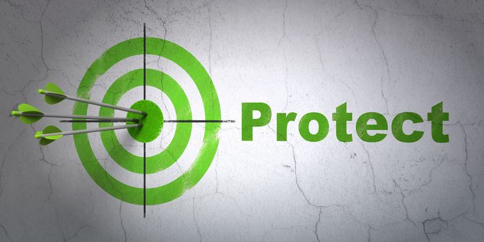 Success safety concept: arrows hitting the center of target, Green Protect on wall background, 3D rendering