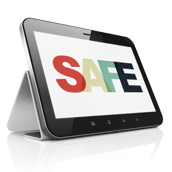 Protection concept: Tablet Computer with Painted multicolor text Safe on display, 3D rendering