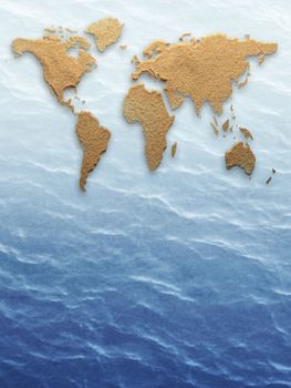 The world atlas made from sand on sea background 