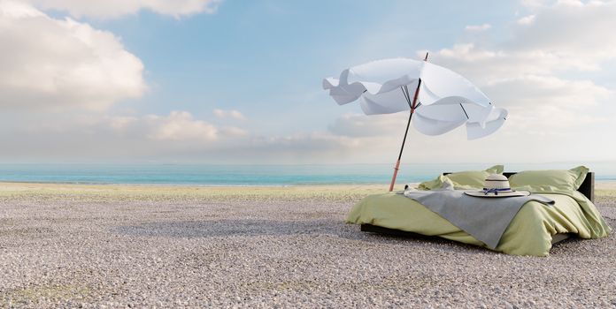 Beach lounge - bed with umbrella on Sea view for vacation and summer concept photo