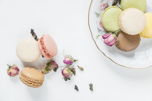 Multicoloured almond cookies (macaroons) on beautiful porcelain plate, tea and dried rose buds on white background; top view, flat lay composition