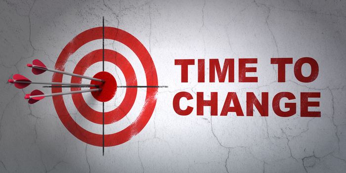 Success time concept: arrows hitting the center of target, Red Time to Change on wall background, 3D rendering