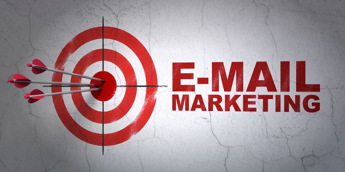 Success marketing concept: arrows hitting the center of target, Red E-mail Marketing on wall background, 3D rendering