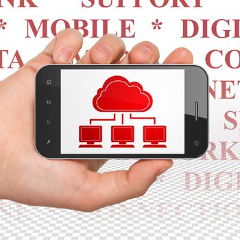 Cloud computing concept: Hand Holding Smartphone with  red Cloud Network icon on display,  Tag Cloud background, 3D rendering