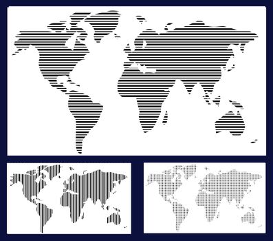 World map in stripes, bars - abstract background.  Black and white silhouette illustration