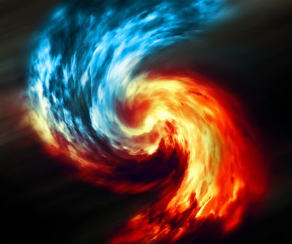 Fire and ice abstract  background. Red and blue smoke swirl on dark background