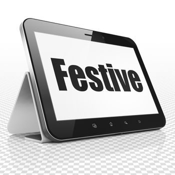 Holiday concept: Tablet Computer with black text Festive on display, 3D rendering