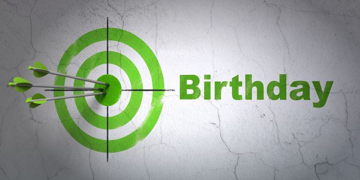 Success holiday concept: arrows hitting the center of target, Green Birthday on wall background, 3D rendering