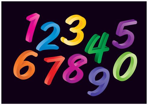 Set of colorful cartoon numbers, digits. Funny and cheerfull illustration for children isolated on black background.