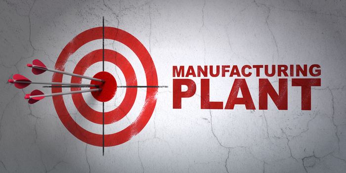 Success Manufacuring concept: arrows hitting the center of target, Red Manufacturing Plant on wall background, 3D rendering