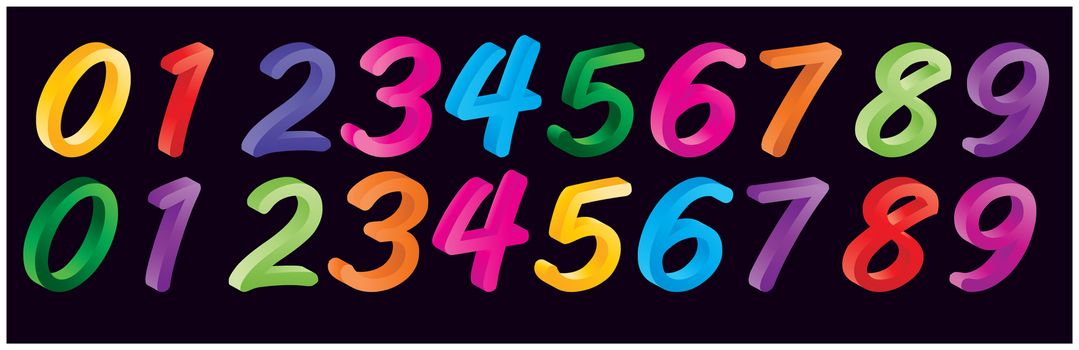 Set of colorful cartoon numbers, digits. Funny and cheerfull illustration for children isolated on black background.