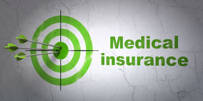 Success Insurance concept: arrows hitting the center of target, Green Medical Insurance on wall background, 3D rendering