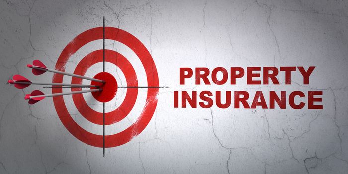 Success Insurance concept: arrows hitting the center of target, Red Property Insurance on wall background, 3D rendering