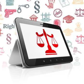 Law concept: Tablet Computer with  red Scales icon on display,  Hand Drawn Law Icons background, 3D rendering