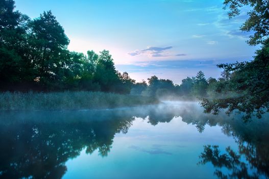 Morning fog on a calm river, Seversky Donets river, Ukraine