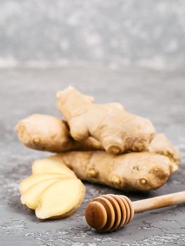Close up view of ginger slice, ginger root and honey dipper on gray concrete background. Copy space. Vertical.