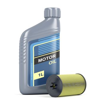 Bottle of motor oil and oil filter cartridge