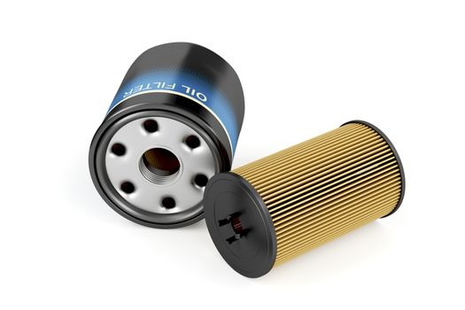 Spin-on and cartridge oil filters on white background 