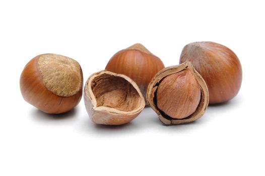 A few Hazelnuts isolated on a white background.