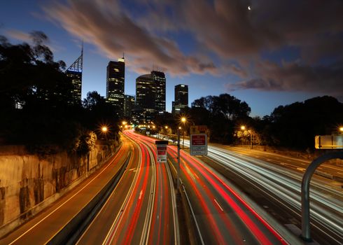 Express lanes to the City, Sydney Central Business District, car light trails from a long exposure just on dusk