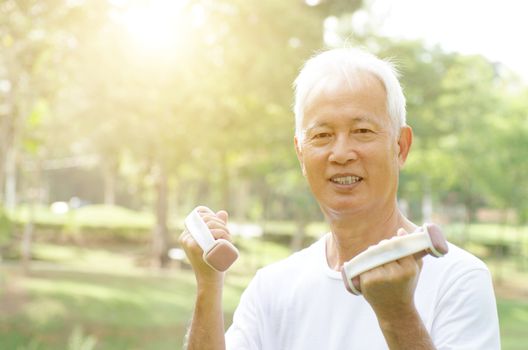 Portrait of healthy gray hair Asian old man doing weight training at outdoor park in morning. 